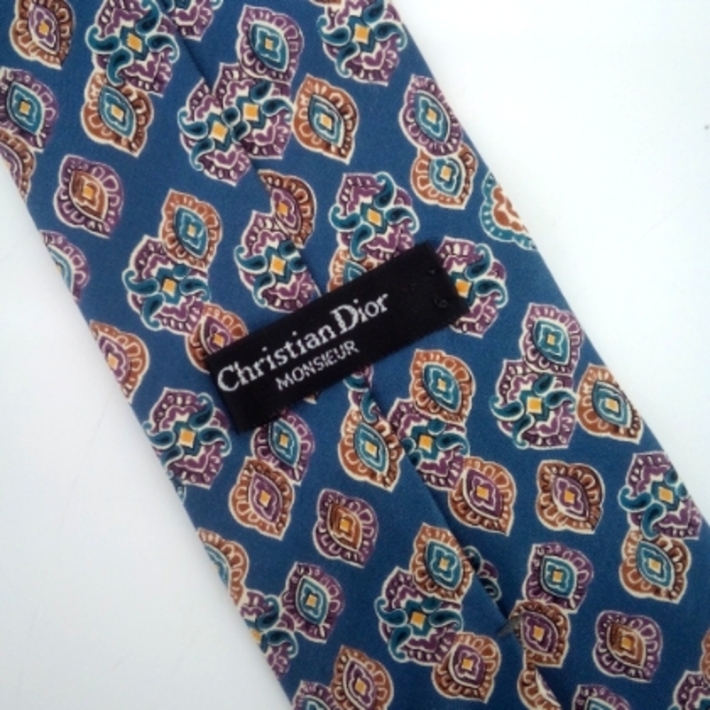 Vintage Christian Dior Silk Men's Blue Paisley Multicolored Tie
